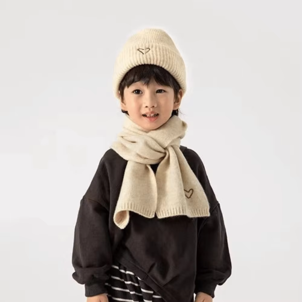 Ensemble écharpe chapeau tricoté brodé de cœur d'amour, couleur unie, bonnet chaud épais au Crochet, ensemble chauffe-cou chaud coupe-vent