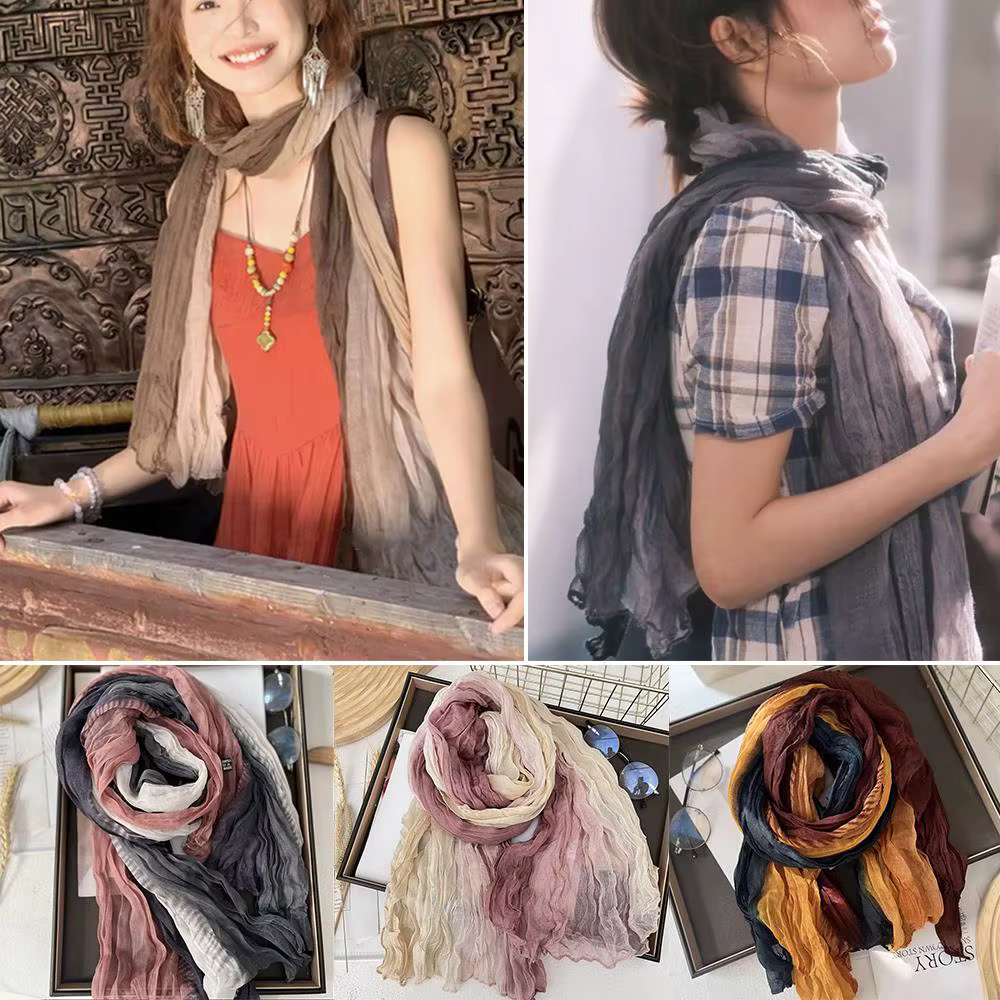 Foulard en lin de coton rétro automne hiver plissé soie longs châles musulman froissé Hijab