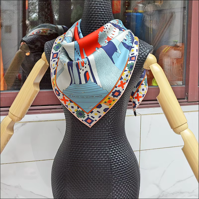 Nouvelle écharpe de style rétro 90 * 90 en twill de soie avec procédé de peinture par pulvérisation et bord roulé à la main "M90F273-2"