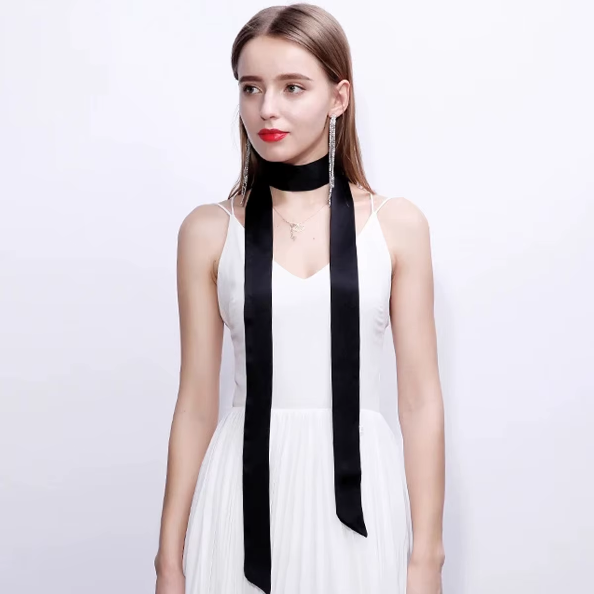 200*5 cm Satin soie étroite écharpe foulard solide cou foulards longue