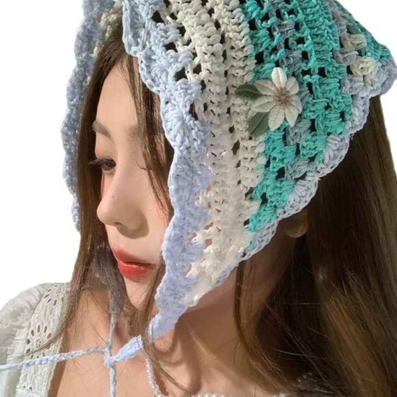 Women's Headscarf Dopamine French Mint Mambo Style Knitted Flower Triangular