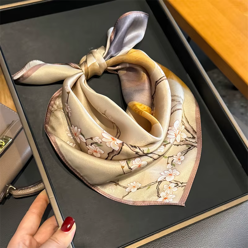 100% foulard en soie femmes carré fleur de prunier imprimé foulards Wrap