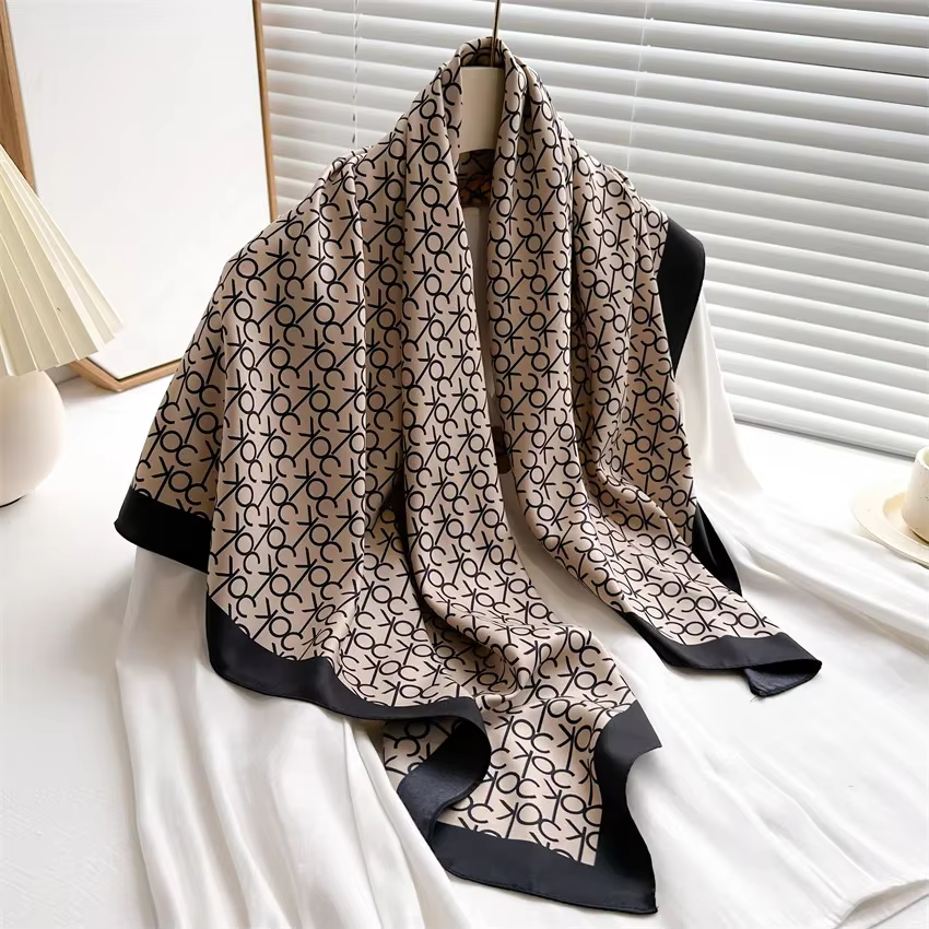 2025 nouvelle mode léger luxe lettres imprimer foulard en soie 90 cm femmes sergé Simple carré foulards dames crème
