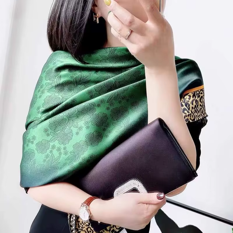 [BYSIFA] nouveau foulard en soie vert émeraude femmes marque léopard imprimé foulards carrés 90*90 cm accessoires de