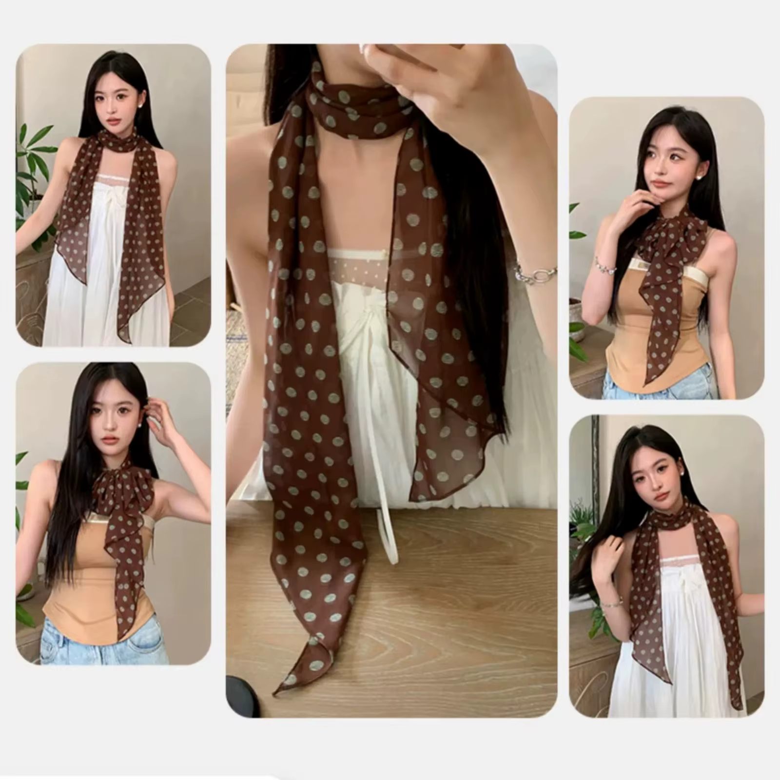 Écharpe en mousseline de soie à pois vintage pour femme