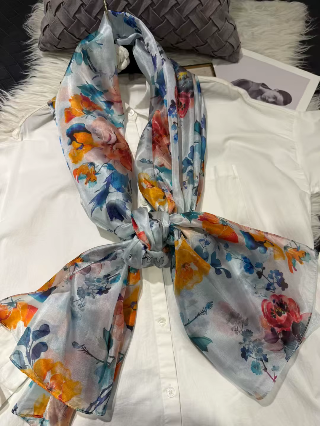 Orange bleu femmes 100% foulard en soie de mûrier élégant Floral longue Pure écharpe