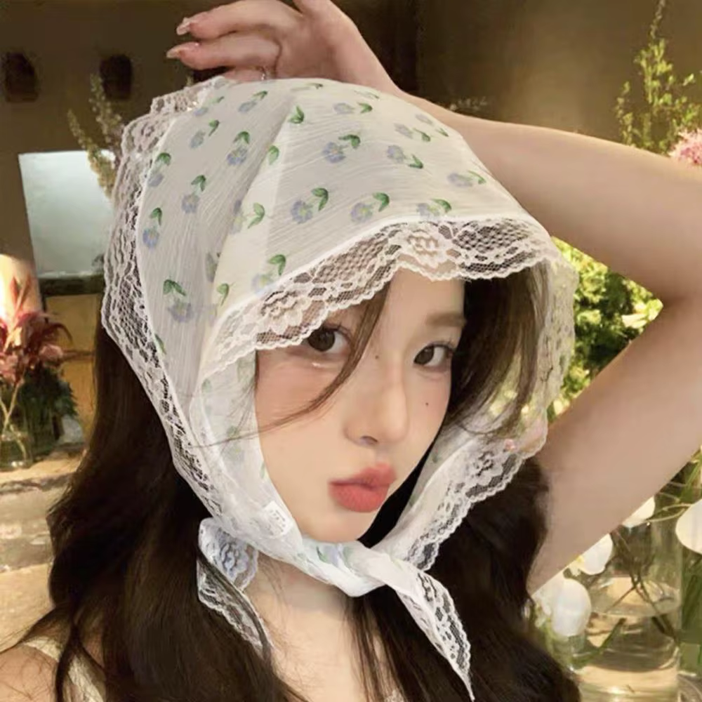Doux Floral dentelle cheveux écharpe enveloppes femmes Triangle foulard mince respirant ruban rétro