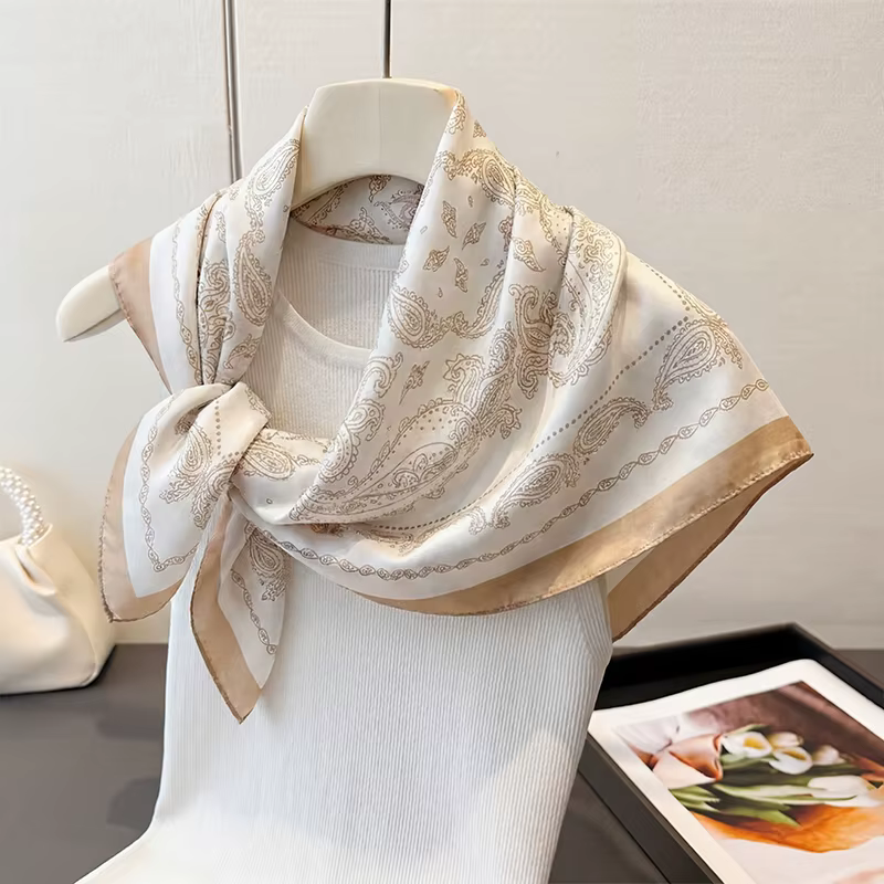 Foulard carré vintage beige à imprimé cachemire en satin de soie pour femme