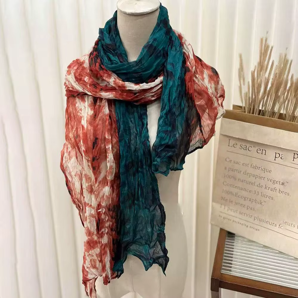 Écharpe d'hiver pour femmes coton chanvre dégradé bleu automne hiver rétro polyvalent imprimé