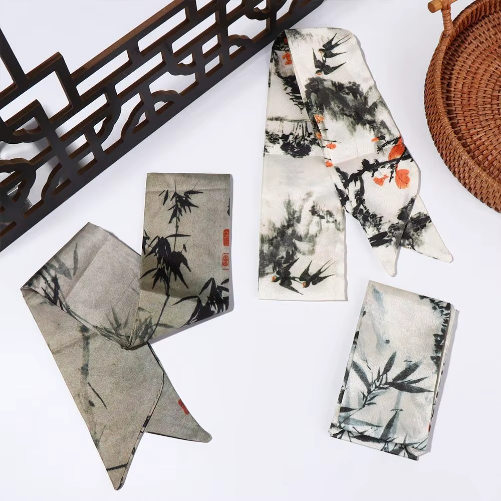 Élégant longue peinture à l'encre foulard en soie Style minimaliste ruban ancien bandeau de cheveux