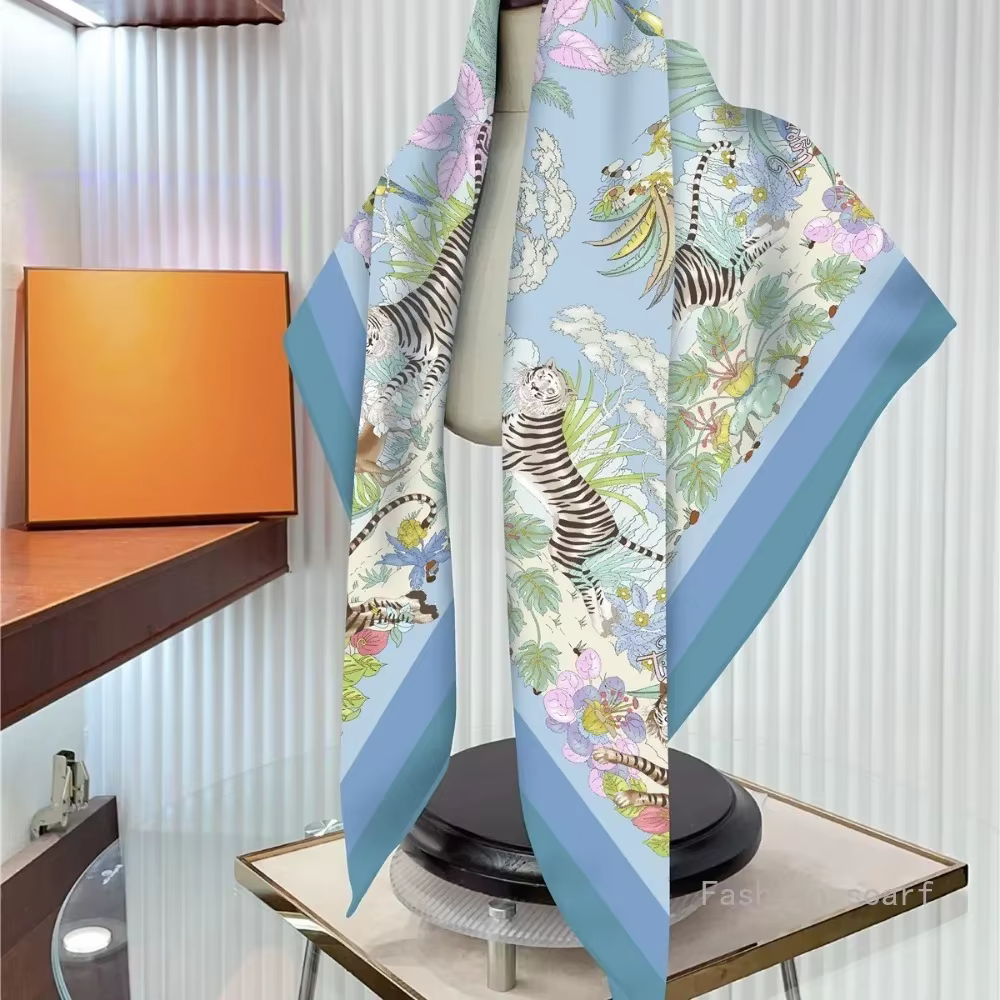 Nouvelle fleur concepteur foulards sergé soie grand carré écharpe femmes voyage châle foulard 90 cm marque de luxe fleurs modernes