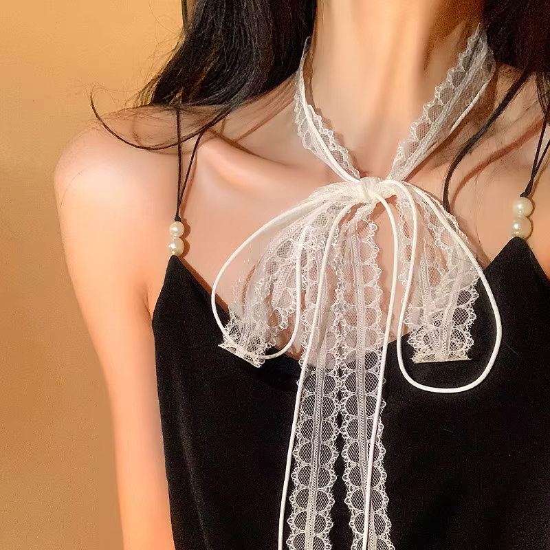 Mode coréenne douce dentelle écharpe nœud papillon cravates femmes été mince maille fleur longue petite