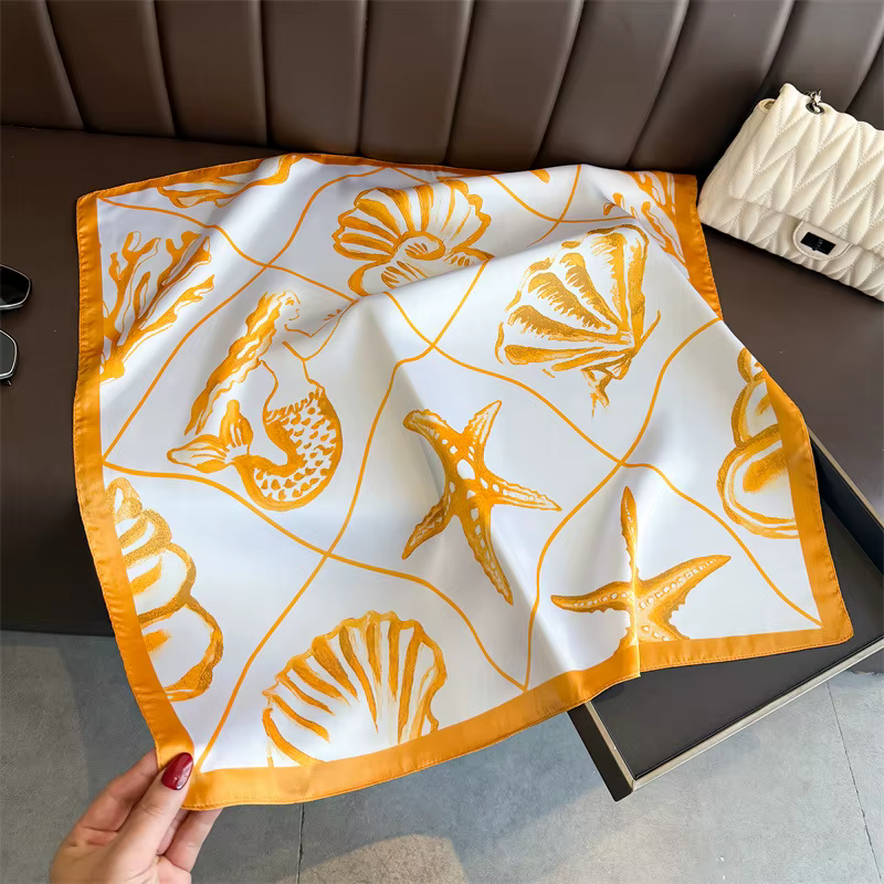 NOUVEAU Foulard en Soie Orange à Motif Sirène