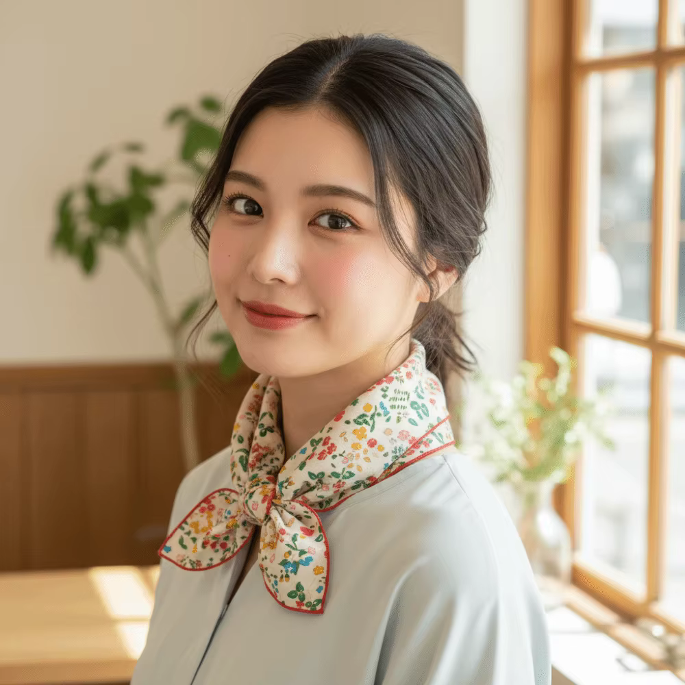 Petit foulard carré en soie imprimé motif fleur de cerisier