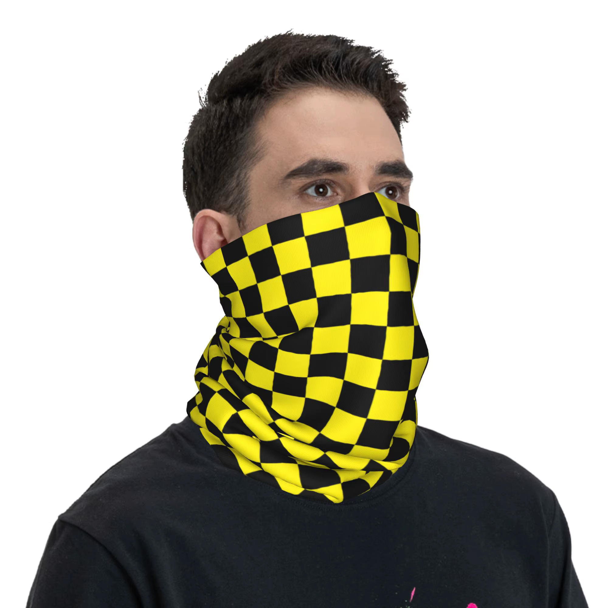 Cache-cou Bandana à carreaux noir jaune personnalisé