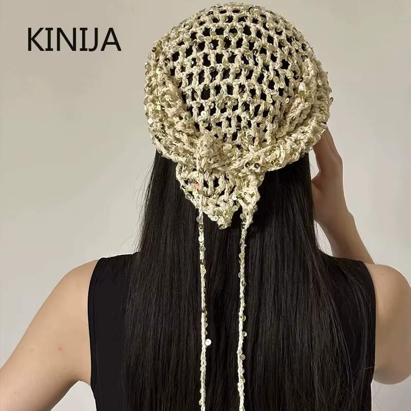 Écharpe triangulaire en tricot ajouré à paillettes style Ins pour femme