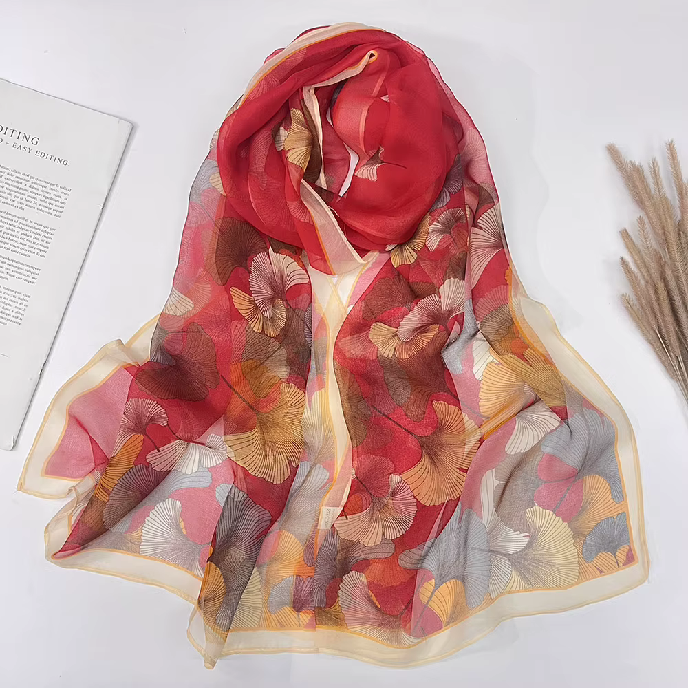 Ginkgo arbre écharpe vert jolies femmes élégant en mousseline de soie Georgette Bandana