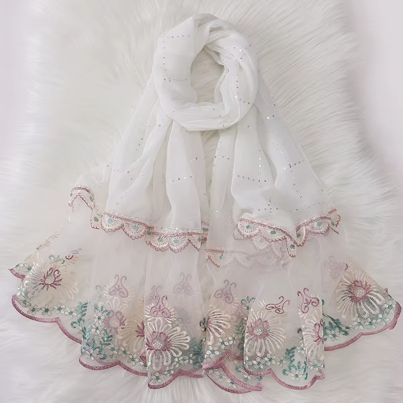 Écharpe Islamique à Paillettes, Châles Longs, Wraps, Fleur de Luxe, Écharpe de Sauna, Bande de Sauna, Dentelle Brodée, Paillettes, Hijab, Couture, Épissage, Nouveau