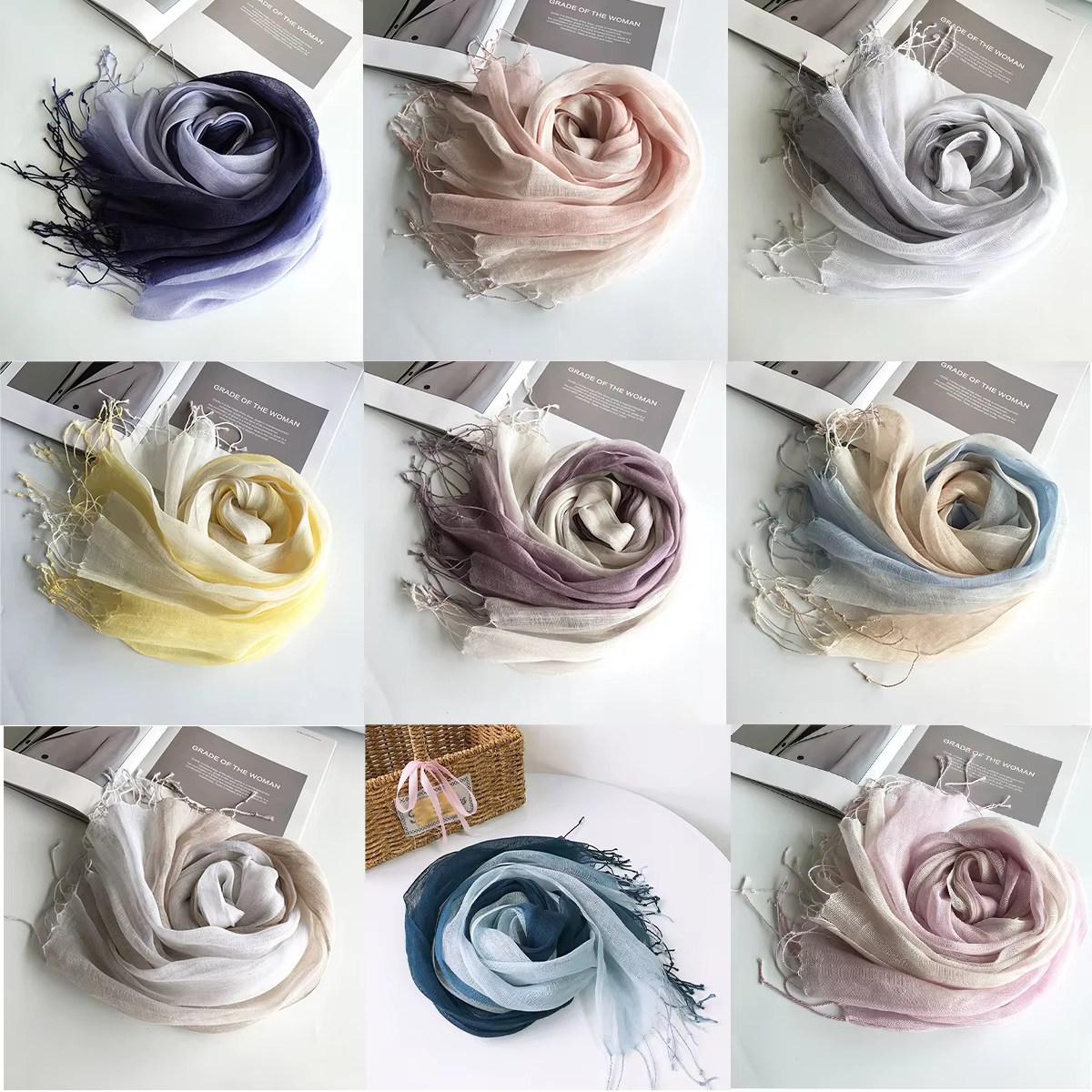 Écharpe pour femme printemps/été 100% lin dégradé de couleur