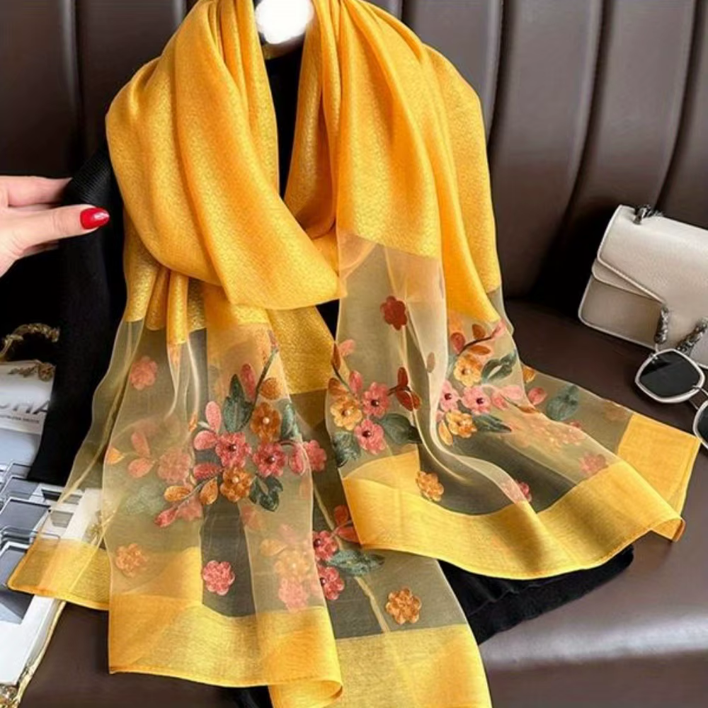 Écharpe en soie brodée florale élégante pour femme