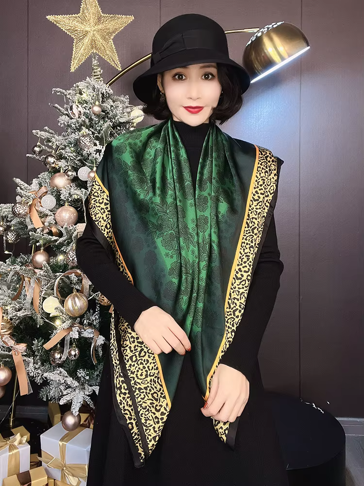 [BYSIFA] nouveau foulard en soie vert émeraude femmes marque léopard imprimé foulards carrés 90*90 cm accessoires de