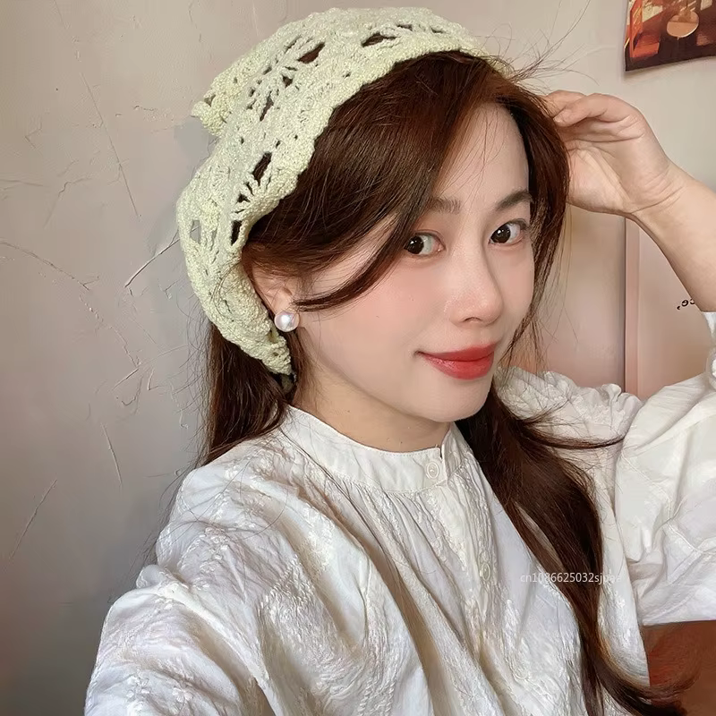 Mode tricoté foulard chapeau français Vintage fleur Triangle