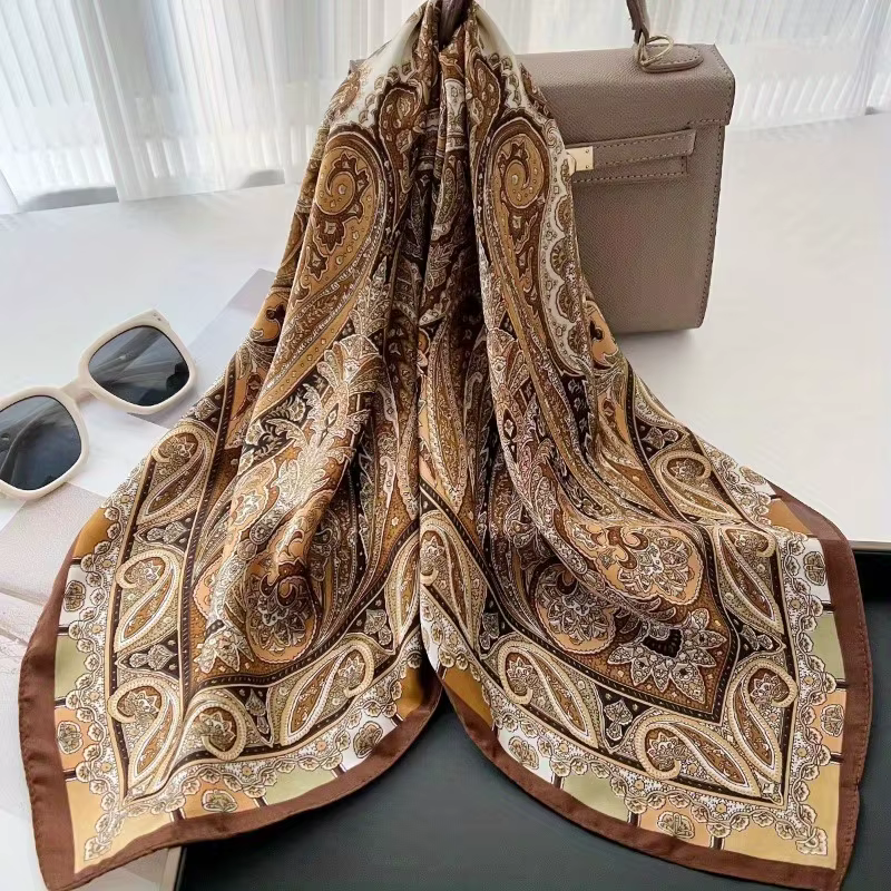 Nouveau Paisley pied-de-poule imprimé carré écharpe couleur café mince lisse cou