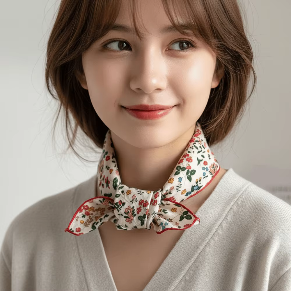 Élégant foulard carré fin à motif floral coréen