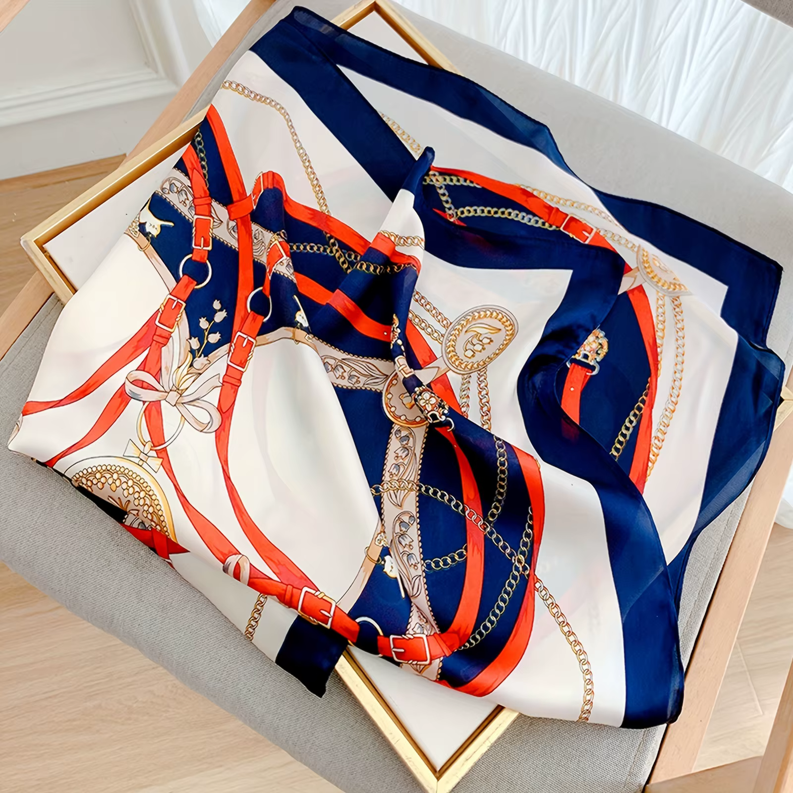Foulard carré imprimé Orange bleu marine
