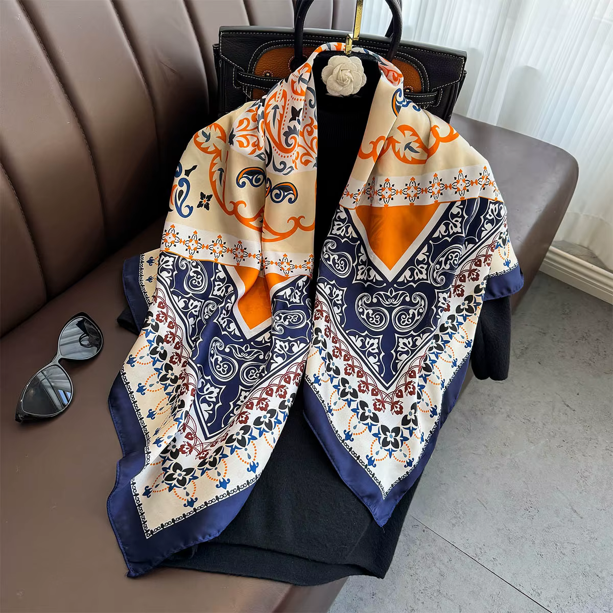 90*90 cm Foulard carré rétro cajou imprimé fleuri foulards en soie femmes cou