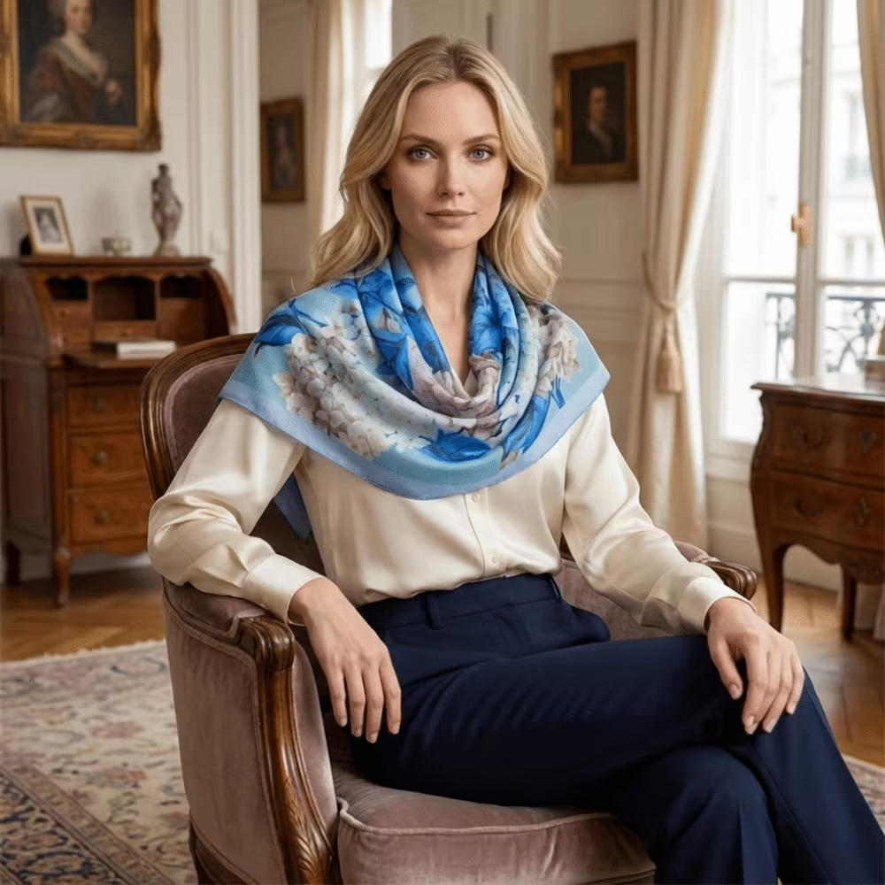 Foulard carré en soie à imprimé floral