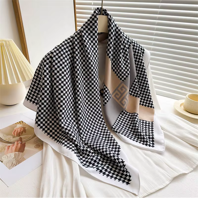 Écharpe carrée de luxe à motif pied-de-poule 90*90cm pour femmes