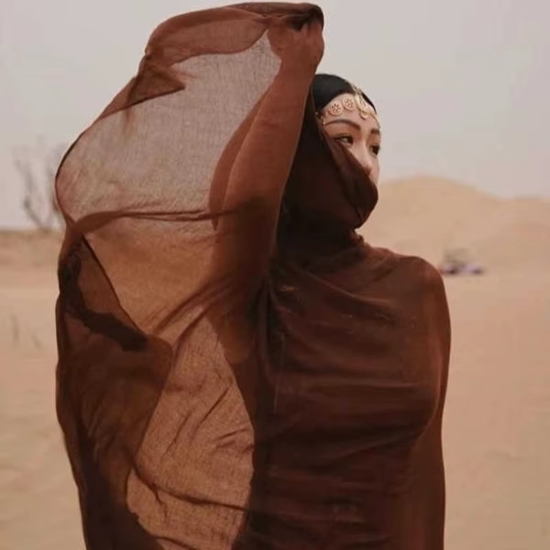 Écharpe en coton et lin Beige bohème léger polyvalent Protection solaire UV désert plage photographie châle femmes Wrap