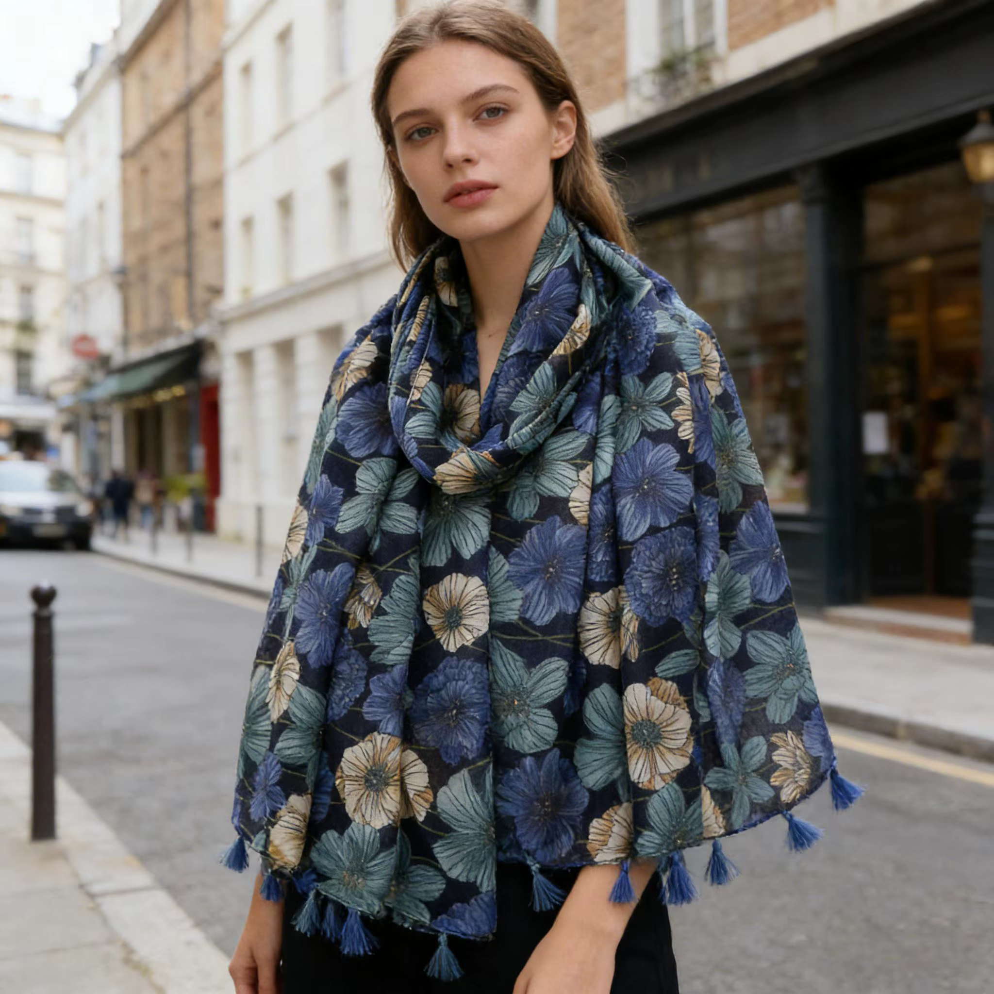 Écharpe florale bleu marine et beige pour femme