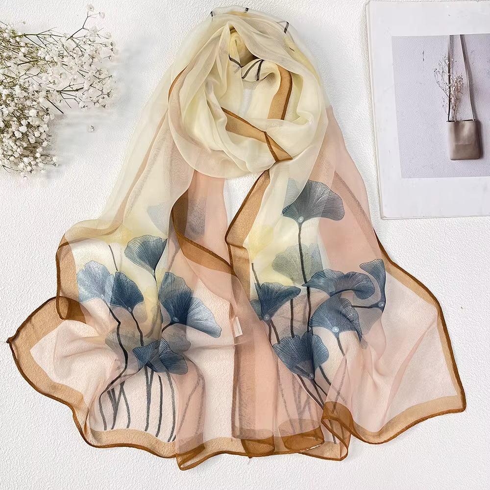 Ginkgo arbre écharpe vert jolies femmes élégant en mousseline de soie Georgette Bandana