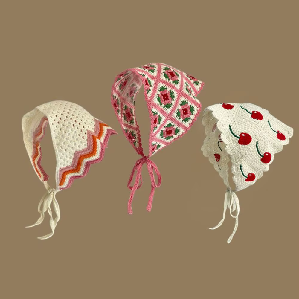 Rétro tricoté Triangle bandeau Crochet français Style pastorale fille fleur foulard à la main creux plage vacances