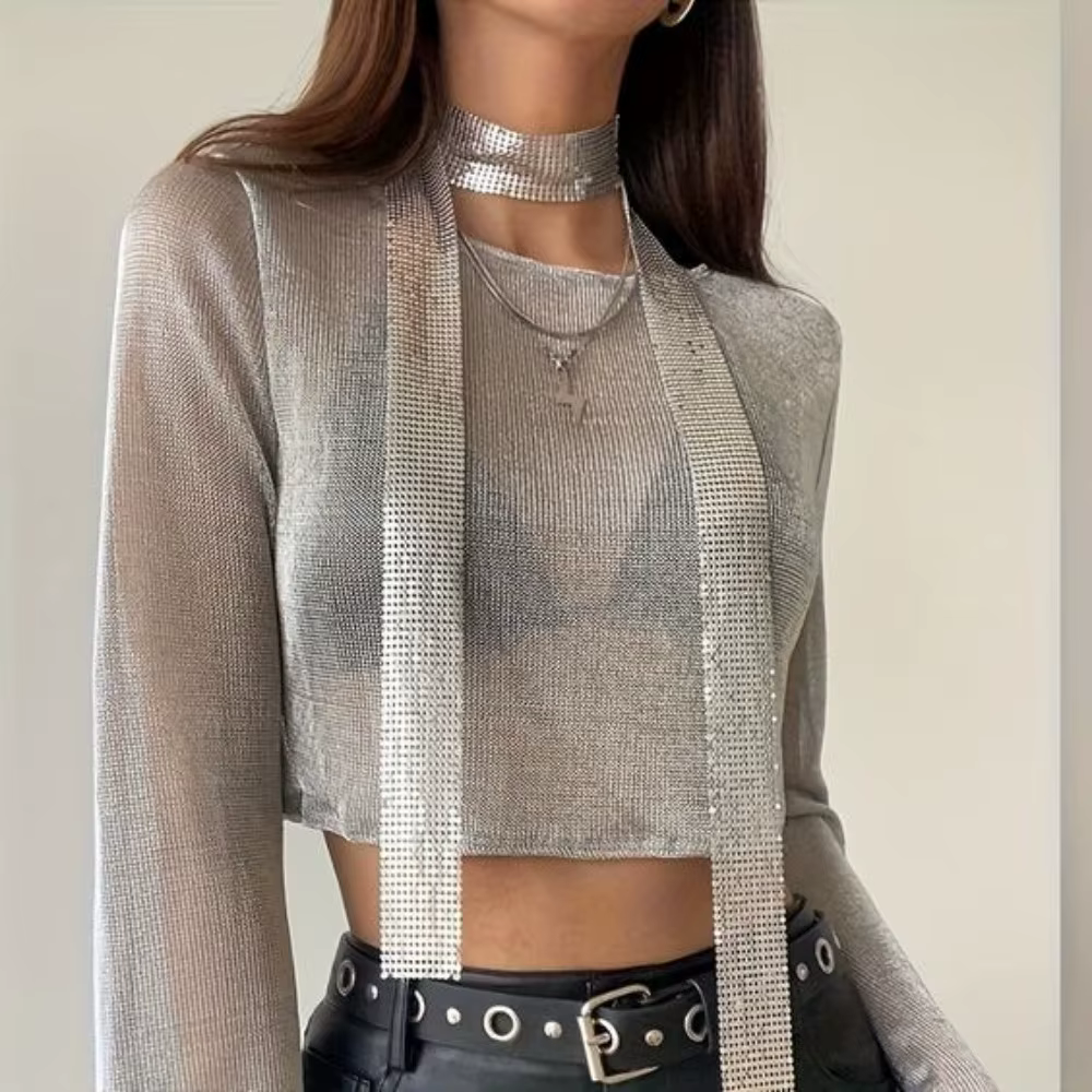 Mode esthétique paillettes écharpe Punk longue mince scintillant Bling foulard en alliage d'aluminium Sexy