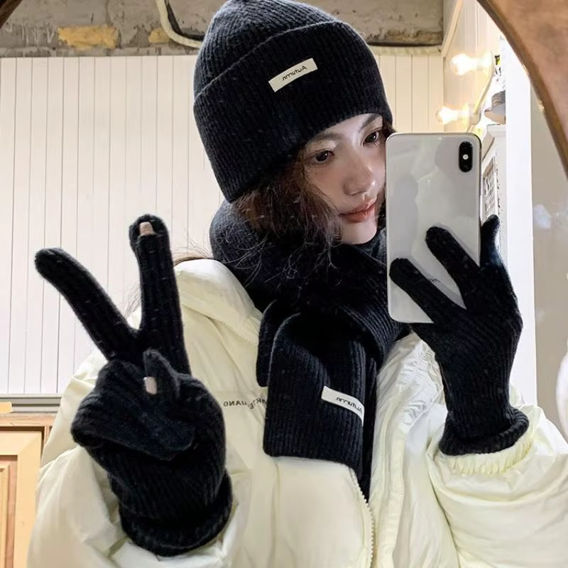 Écharpe d'hiver tricotée femme couleur unie chapeau