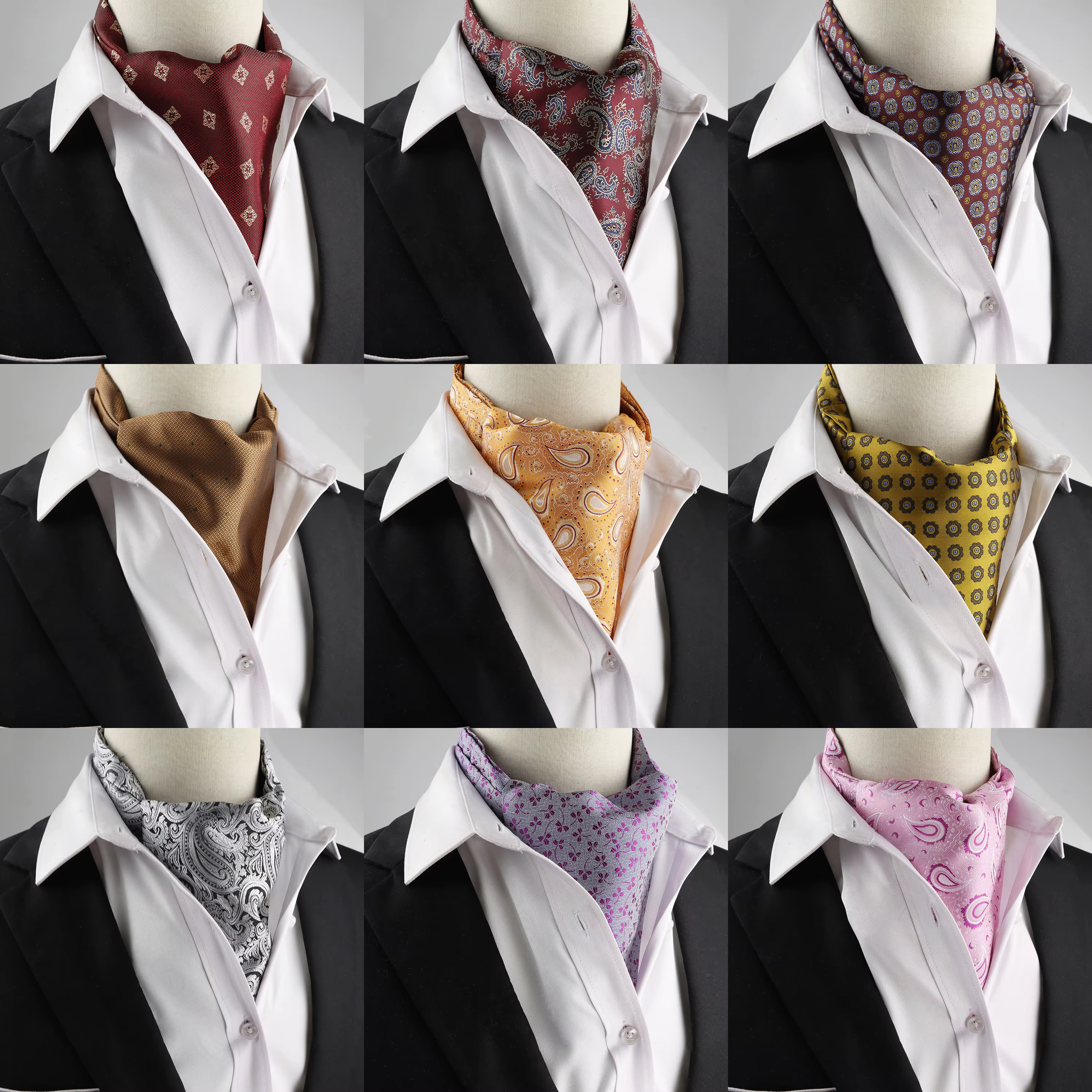 Nouveau Design hommes Ascot écharpe cravate mode Paisley Dot rouge jaune gris