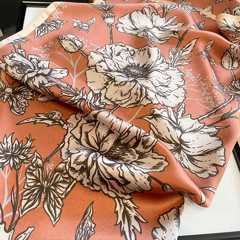 Bandeau de cheveux imprimé Rose Orange 100% Foulard en soie véritable femmes Design foulards de cou carré