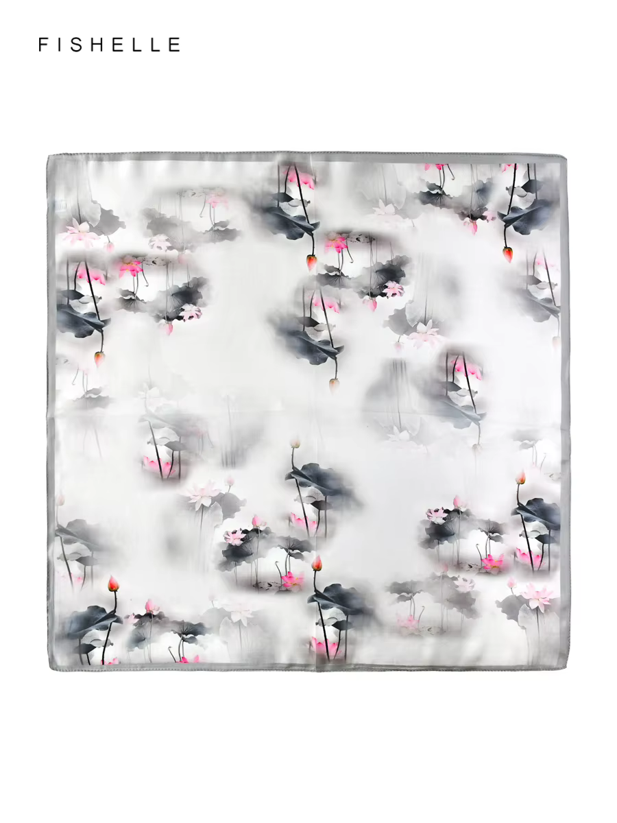 Foulard 100% soie feuille de lotus gris pour femme