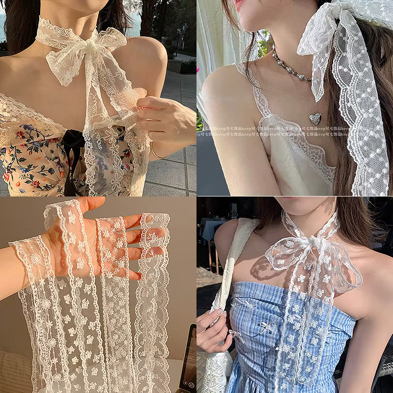 Élégant foulard long coréen en dentelle avec nœud 2-en-1