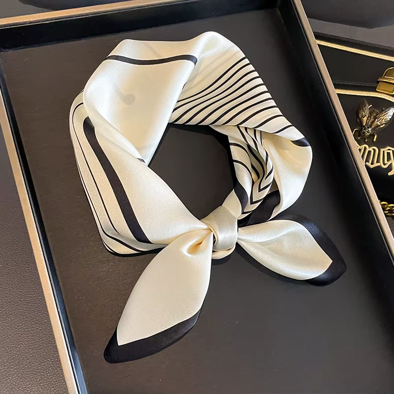 100% véritable Foulard de cou en soie femmes noir rayé Bandana