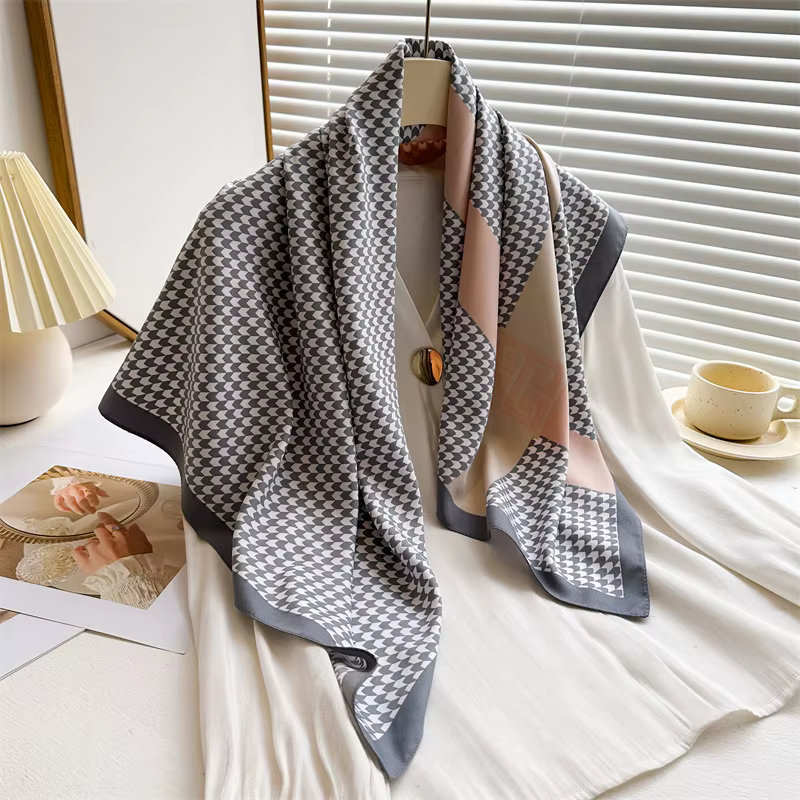 Écharpe carrée de luxe à motif pied-de-poule 90*90cm pour femmes