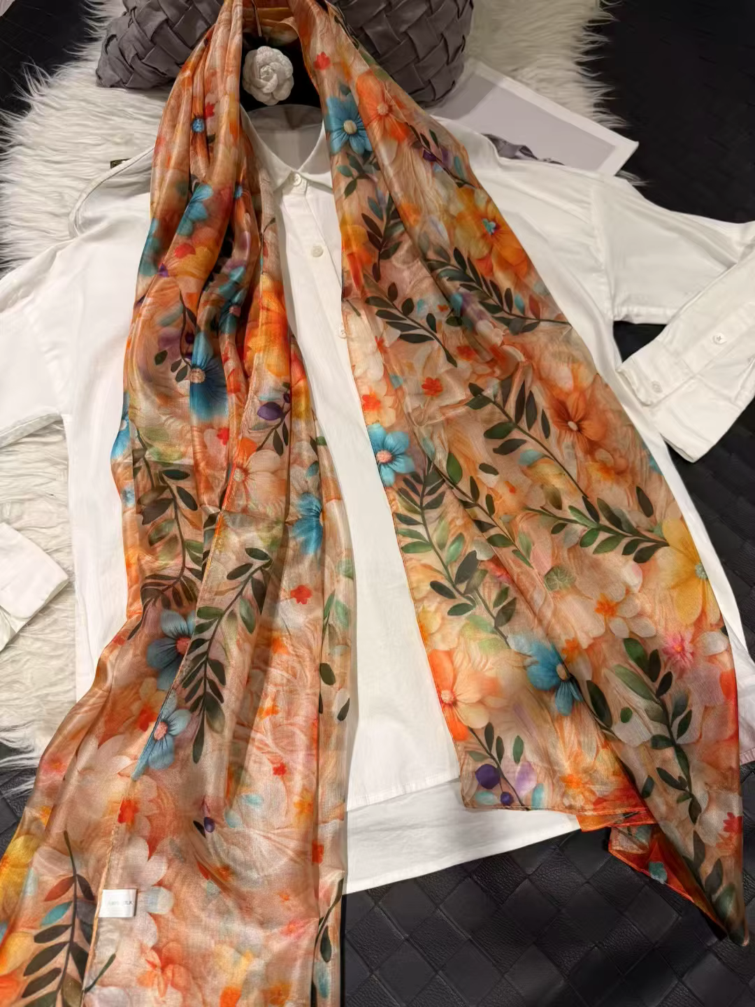 Orange bleu femmes 100% foulard en soie de mûrier élégant Floral longue Pure écharpe