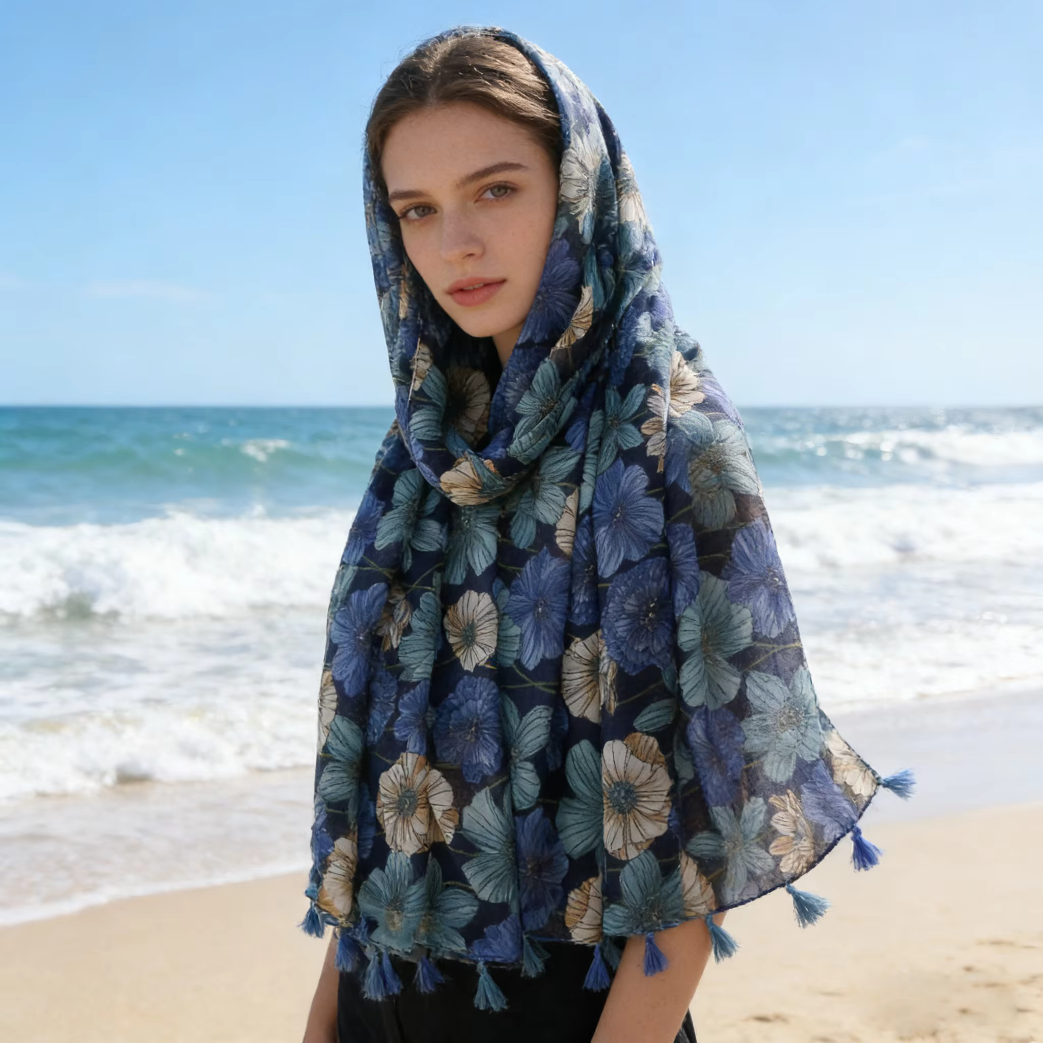 Écharpe florale bleu marine et beige pour femme