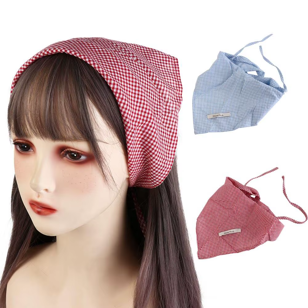 Foulard Cheveux Rouge Vintage Bohème Bandana Bleu Doux Triangle Réglable Style Pastoral à Carreaux pour Femme