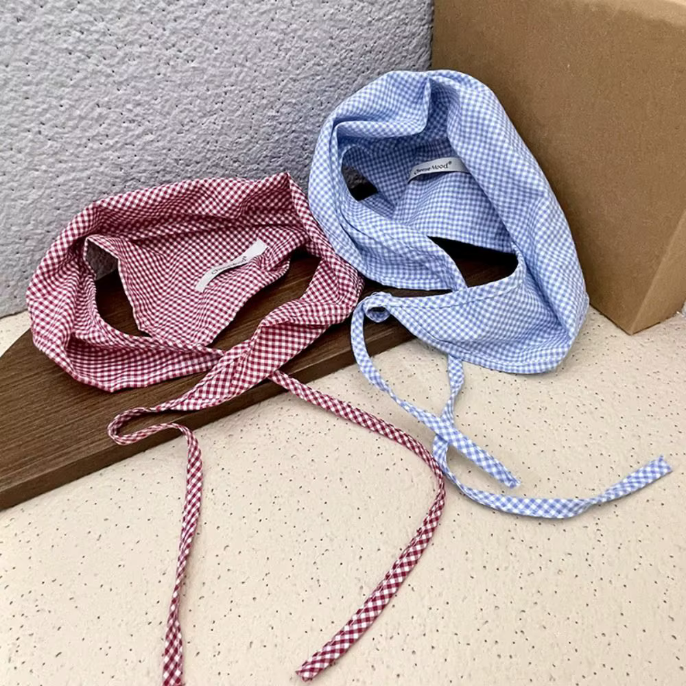 Foulard Cheveux Rouge Vintage Bohème Bandana Bleu Doux Triangle Réglable Style Pastoral à Carreaux pour Femme