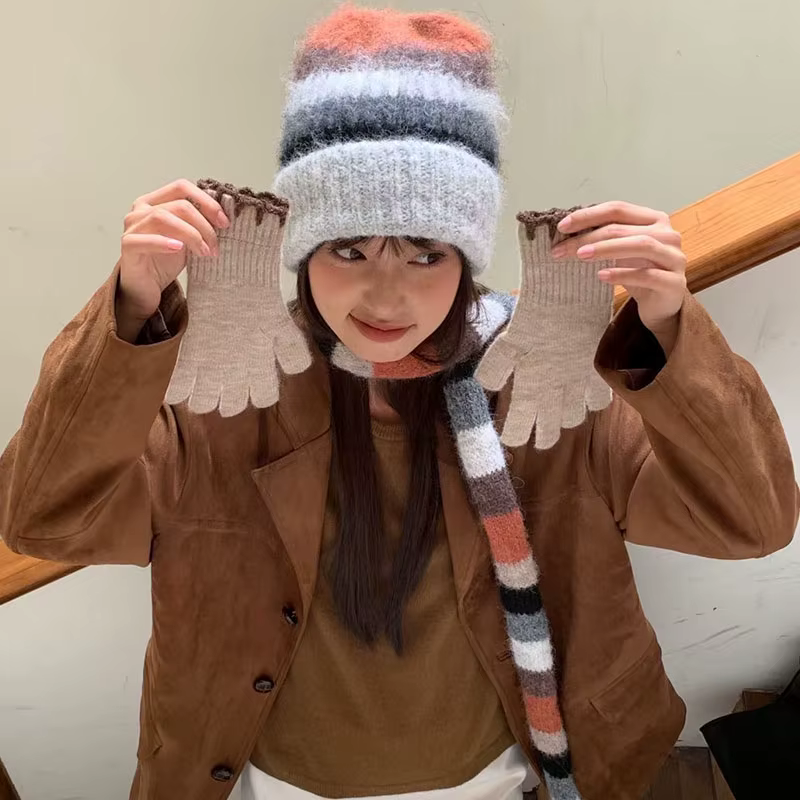 Ensemble de bonnets et écharpe arc-en-ciel rayés pour femmes et hommes