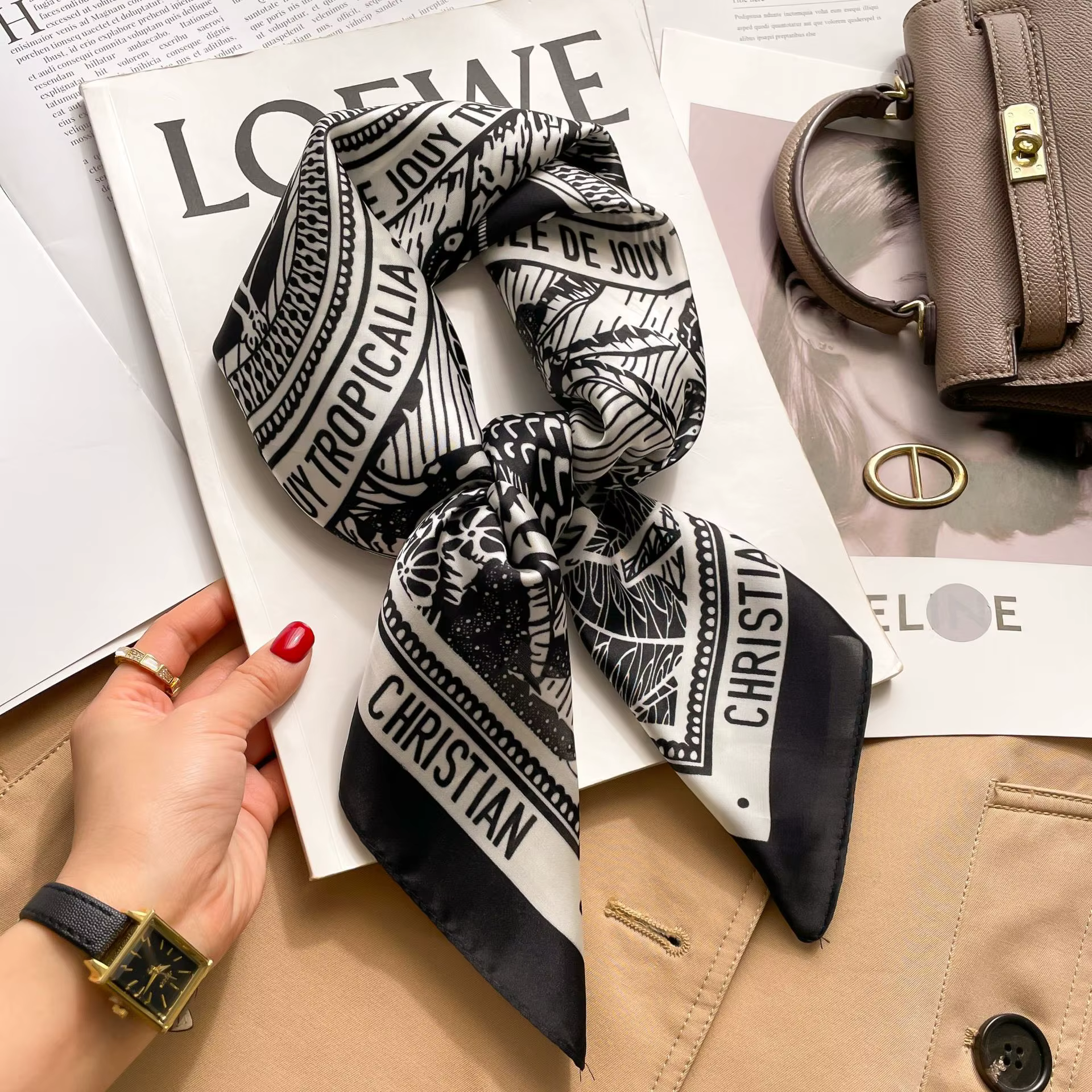 Foulard carré imprimé pied-de-poule pour femmes